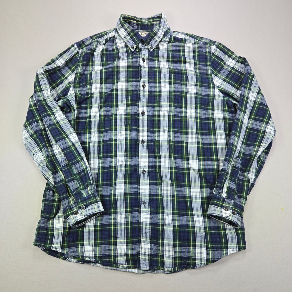 L.L. Bean Shirt Plaid Button Down Slightly Fitted Navy Green Mens Large Regular
